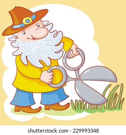 Vector Illustration With Gnome And Garden Pruner.
