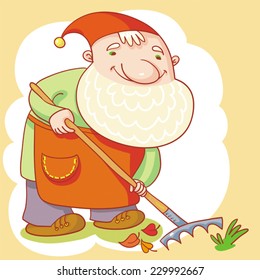 Vector Illustration With Gnome And Garden Rakes.