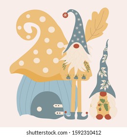 vector illustration with gnome house, and cute gnomes, perfect to use on the web or in print