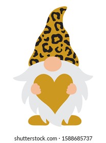 Vector illustration of a gnome with leopard pattern hat holding a here. Cute Valentine’s Day gnome.