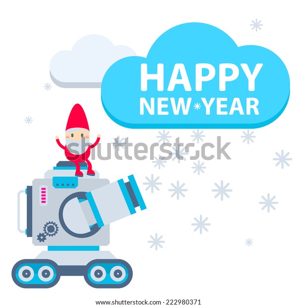 Vector illustration of the gnome\
operates the machine that produce snowflakes. Color bright flat\
design for card, banner, poster, advertising, blog\
