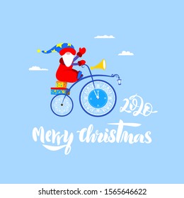 Vector illustration of a gnome, Santa Claus, who rides in the sky on a magic bike to congratulate people on a holiday. It can be used as an electronic or printed card, as a symbol of the holiday.