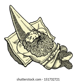 Vector illustration of gnome sleeping on a pillow.