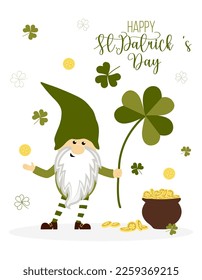 Vector illustration with gnome with a trefoil and golden coins on a white background. Happy St. Patrick's Day greeting illustration for print, banners, prints, social media, etc.