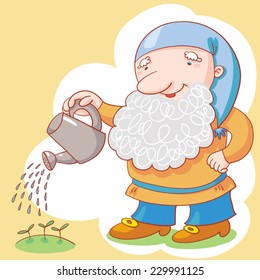 Vector Illustration With Gnome And Watering Pot.