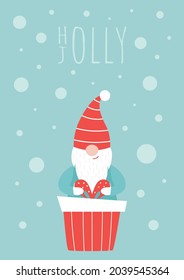 Vector illustration of gnome wrapping gift box. Merry Christmas. Holly Holly. Cute elf with gift box. Christmas card. Winter time.