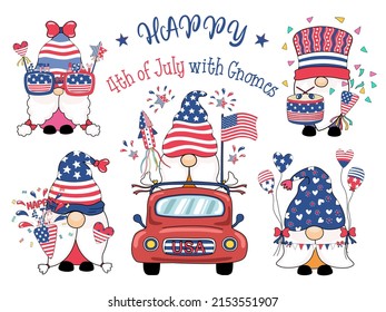 Vector illustration of gnomes with 4th of July celebration designed in red, blue, white tones on a white background for decorating cards, stickers, gifts, digital prints and more.