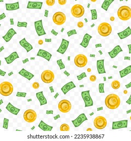 Vector illustration of Gnosis money. Random pattern of banknotes and coins in green and gold colors on transparent background (PNG). 