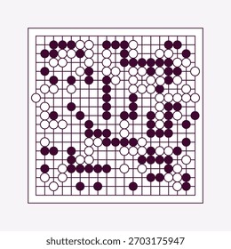 Vector illustration of the Go board game with black and white stones. Traditional Asian strategy game on a wooden grid board. Perfect for logic, strategy, competition, and educational design projects.