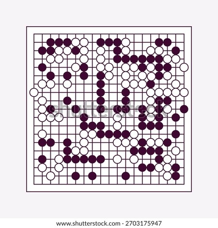Vector illustration of the Go board game with black and white stones. Traditional Asian strategy game on a wooden grid board. Perfect for logic, strategy, competition, and educational design projects.