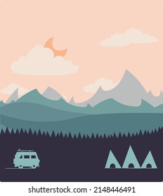 Vector illustration go to camping. Banner, poster, flyer. Color vector illustration for web and print.