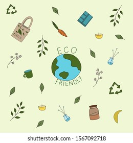 Vector illustration go green, ecological illustration, eco bag, save  planet, recycle sign, vegetables, organic products