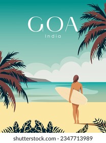 Vector illustration. Goa, India. Beach, snowboarder, palm trees, sand, ocean. Design for poster, banner, advertising, package design, background. Tourism, travel.