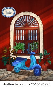 Vector illustration Goa window, retro scooter, tropical plants in pots, sun rays on red wall, Mediterranean vibes, summer travel, exotic facade, cozy atmosphere, vintage architecture, vacation mood