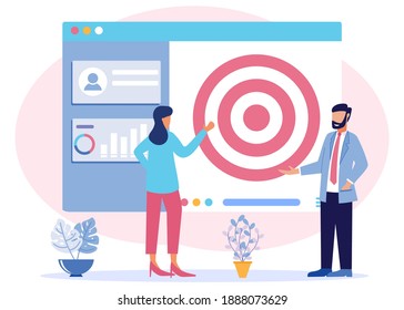 Vector illustration of Goal Achievement Concept. The Entrepreneur Team analyzes the digital target symbol on the screen. Mission Challenge Task Solution.