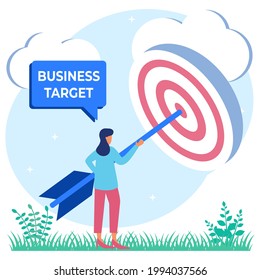 Vector illustration of Goal Achievement Concept. The Entrepreneur Team analyzes the digital target symbol on the screen. Mission Challenge Task Solution.