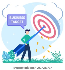 Vector illustration of Goal Achievement Concept. The Entrepreneur Team analyzes the digital target symbol on the screen. Mission Challenge Task Solution.