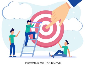 Vector illustration of Goal Achievement Concept. The Entrepreneur Team analyzes the digital target symbol on the screen. Mission Challenge Task Solution.