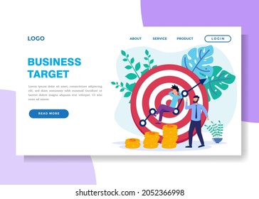 Vector illustration of Goal Achievement Concept. The Entrepreneur Team analyzes the digital target symbol on the screen. Mission Challenge Task Solution.