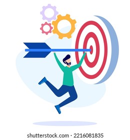 Vector illustration of Goal Achievement Concept. The Entrepreneur Team analyzes the digital target symbol on the screen. Mission Challenge Task Solution.