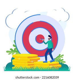 Vector illustration of Goal Achievement Concept. The Entrepreneur Team analyzes the digital target symbol on the screen. Mission Challenge Task Solution.