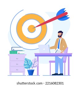 Vector illustration of Goal Achievement Concept. The Entrepreneur Team analyzes the digital target symbol on the screen. Mission Challenge Task Solution.