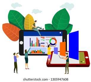 Vector illustration of goal achievement, graph from phone up, people doing work analysis, motivation for successful work.