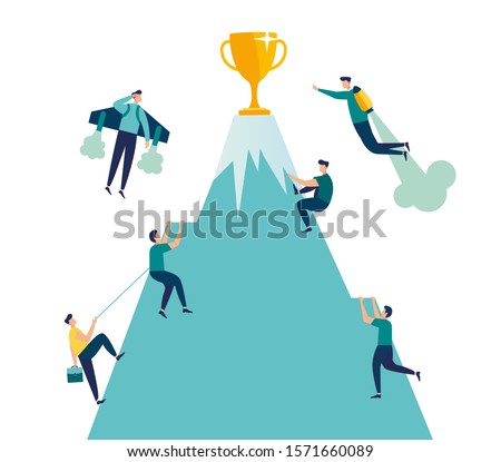 Vector illustration, goal achievement, test to get first to the cup on the mountain, move up motivation, rivalry
