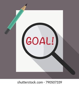 Vector illustration. Goal in magnifier and paper and pencil. business concept. business concept to success. vector icon success business strategy concept vector illustration. with copy space for text.