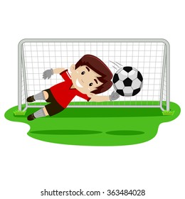 Vector illustration of a goalkeeper Boy trying catching the ball on football gate