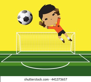 Vector illustration of a goalkeeper Boy trying catching the ball on football gate