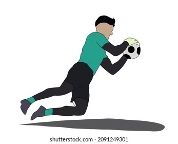 Vector illustration of a goalkeeper catching a ball on a white background. Illustration of a flat -faced goalkeeper.