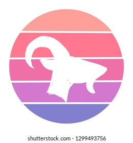 Vector Illustration of Goat or Capricorn with Circle Sunset of Red, Pink, and Violet Color