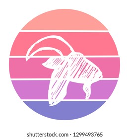 Vector Illustration of Goat or Capricorn with Circle Sunset of Red, Pink, and Violet Color