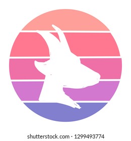 Vector Illustration of Goat or Capricorn with Circle Sunset of Red, Pink, and Violet Color