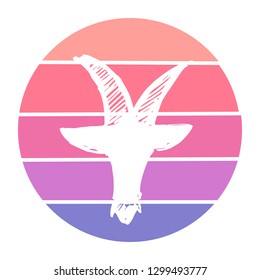 Vector Illustration of Goat or Capricorn with Circle Sunset of Red, Pink, and Violet Color