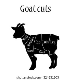 Vector illustration goat cuts diagram or chart. Goat black silhouette.  Butcher chart.