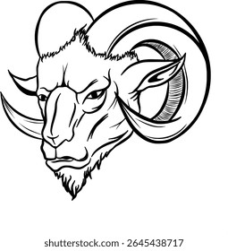 Ilustração vetorial da cabeça de cabra com chifres curvos. Elemento vetor para logotipo, arte de parede, cartaz, embalagem, adesivo.