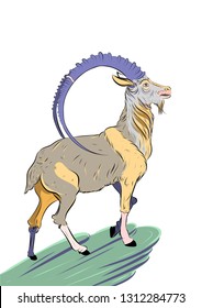 Vector illustration with a goat on the top of mountain. poster, car, t shirt design. vector