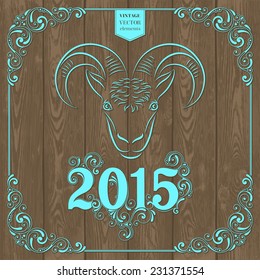 Vector illustration of a goat on wood background. Happy 2015 New Year poster with ornamental elements