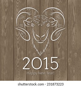 Vector illustration of a goat on wood background. Happy 2015 New Year poster.
