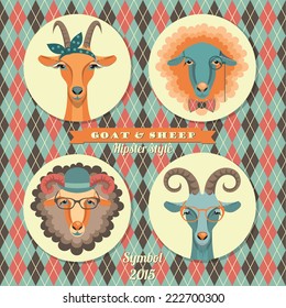 Vector illustration of goat and sheep, symbol of 2015. Hipster style. Element for New Year's design. Image of 2015 year of the goat.