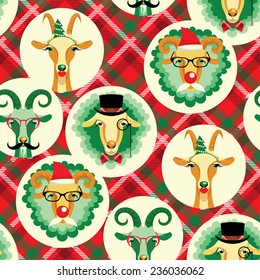 Vector illustration of goat and sheep, symbol of 2015. Hipster style. Element for New Year's design. Image of 2015 year of the goat. Seamless pattern on a plaid background.