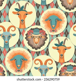 Vector illustration of goat and sheep, symbol of 2015. Hipster style. Element for New Year's design. Image of 2015 year of the goat.Seamless pattern