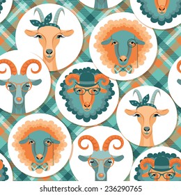 Vector illustration of goat and sheep, symbol of 2015. Hipster style. Element for New Year's design. Image of 2015 year of the goat.Seamless pattern