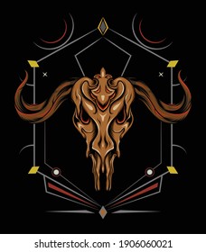 Vector illustration Goat skull and Sacred geometric symbol on vintage background. Abstract mystic sign. Gold linear shape. For you design and magic craft.