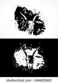 Vector illustration with goat skulls. Two variants: black and white silhouettes with grunge texture and spots. For t-shirts, posters and other your design.