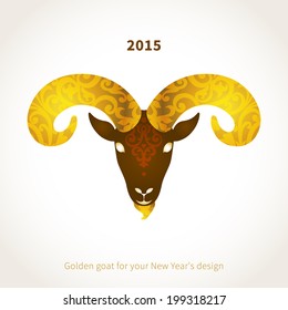 Vector illustration of goat, symbol of 2015. Head of goat, decorated gold floral patterns. Element for New Year's design. Image of 2015 year of the goat.