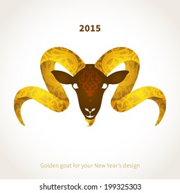 Vector illustration of goat, symbol of 2015. Head of goat, decorated gold floral patterns. Element for New Year's design. Image of 2015 year of the goat.