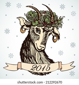 Vector illustration of a goat. Symbolic image of a goat. Symbol 2015. Illustration for greeting cards, invitations, and other printing projects.